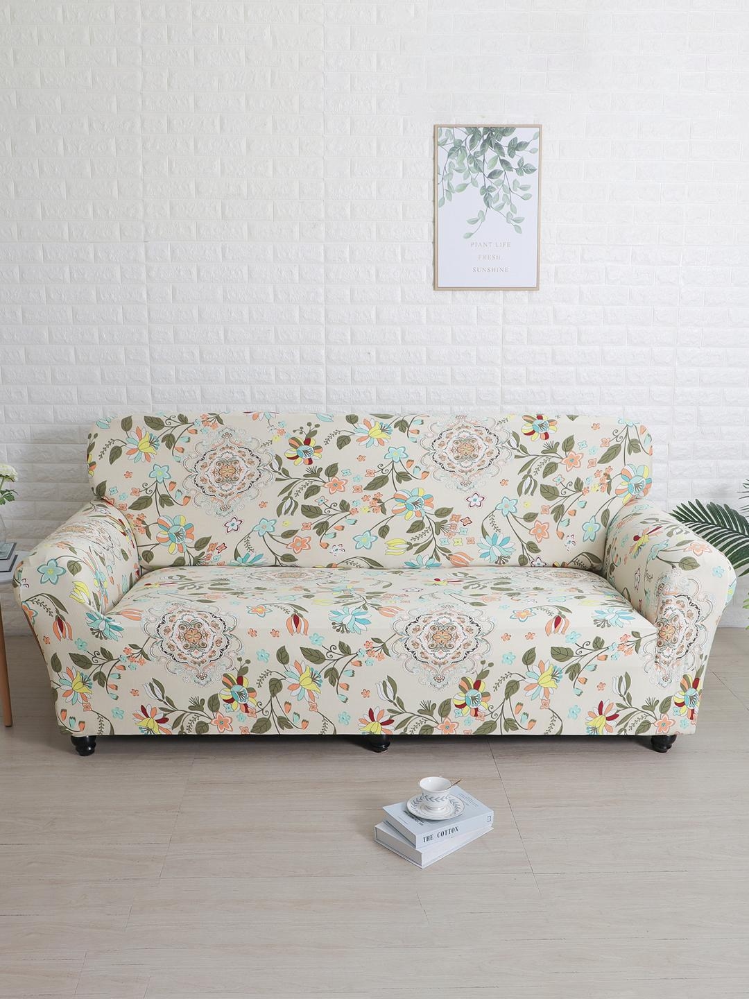 Kuber Industries Leaf Printed Stretchable, Non-Slip Polyster 3 Seater Sofa  Cover/Slipcover/Protector With Foam Stick (Cream)