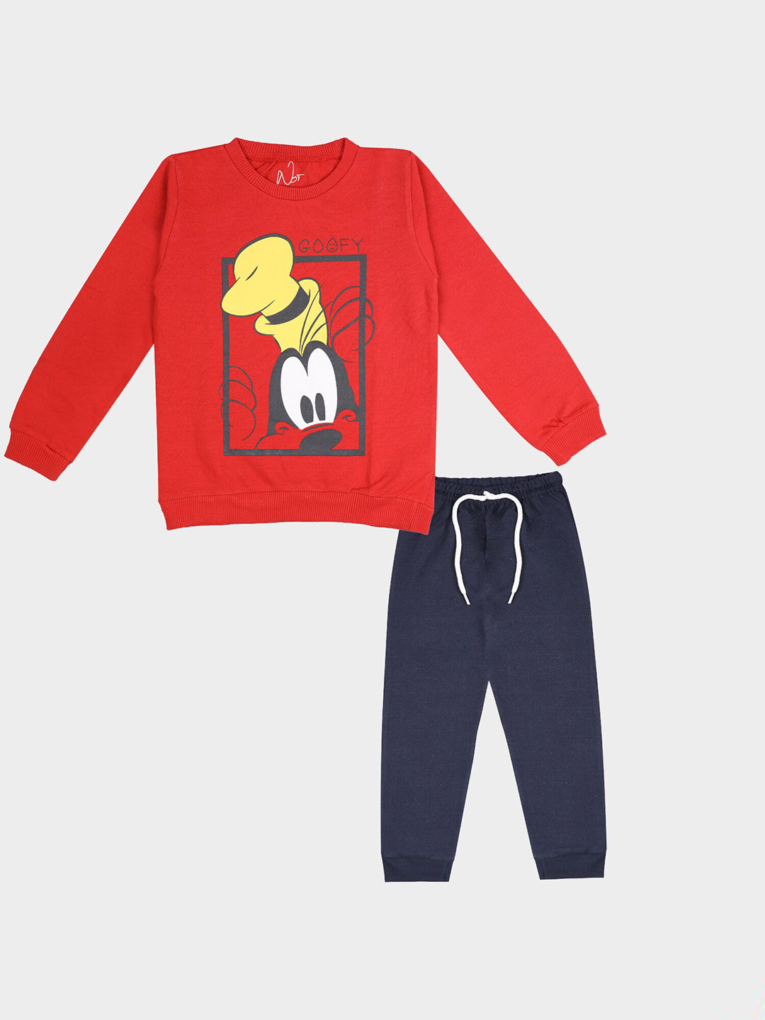 NOT Kids Red & Navy Blue Goofy Printed T-shirt with Joggers