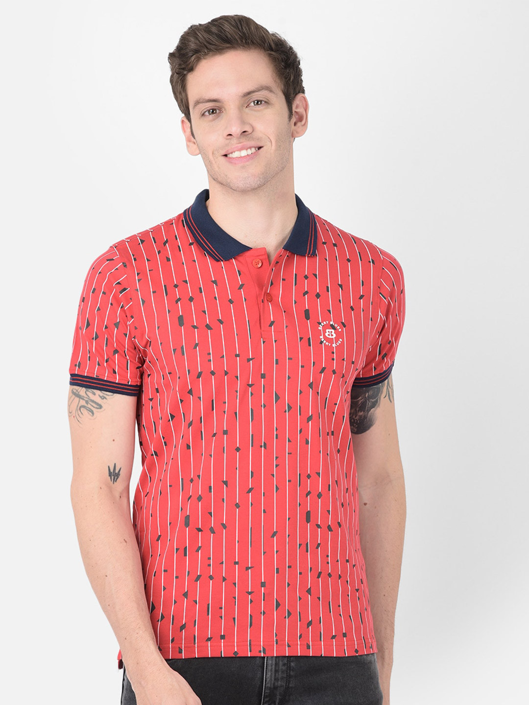 berry blues Men Red Printed Polo Collar Cotton T-shirt