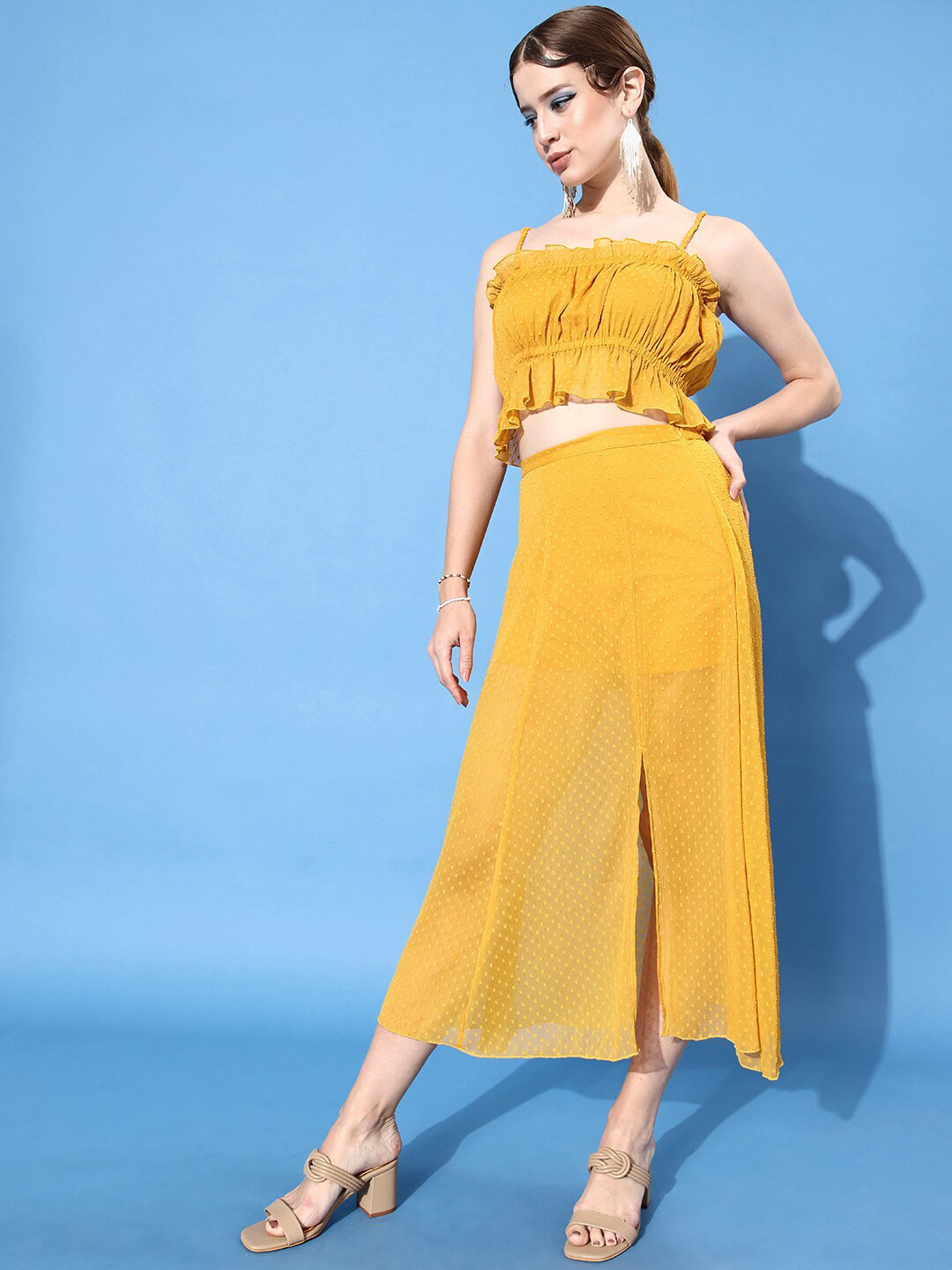 ANVI Be Yourself Women Mustard Self Designed Pure Chiffon A-Line Skirt