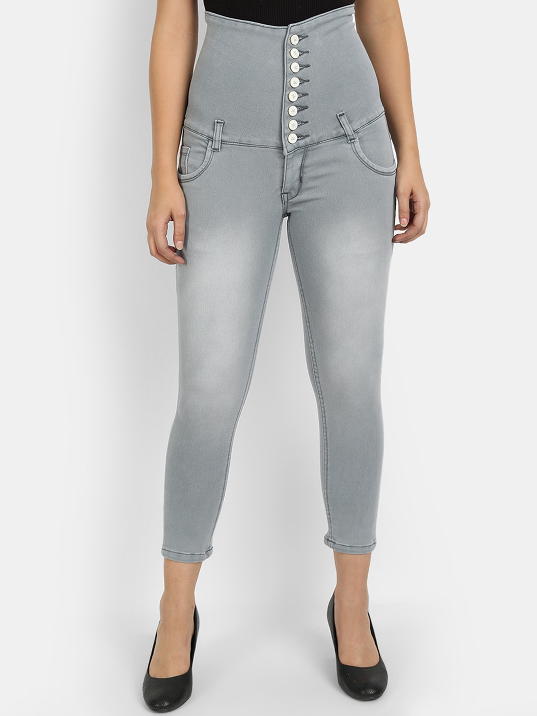 Next One Women Grey Comfort Skinny Fit High-Rise Heavy Fade Jeans