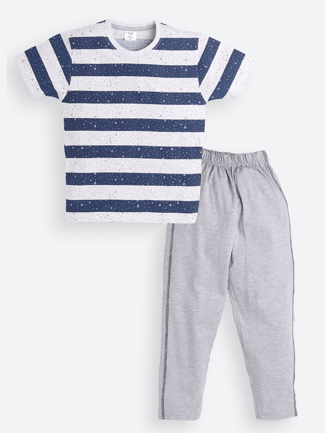 Todd N Teen Boys Navy Blue & Grey Striped Pure Cotton T-shirt with Track Pant