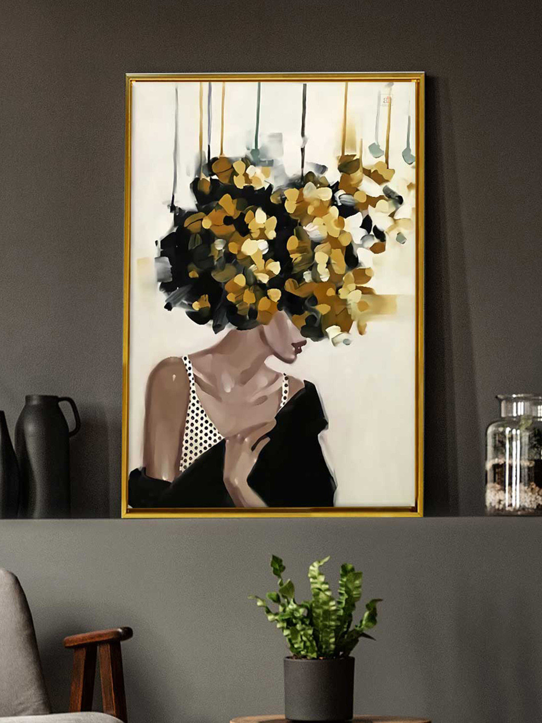 Art Street Gold-Colored & Black Mid Night Girl With Flower Bouquet Wall Art