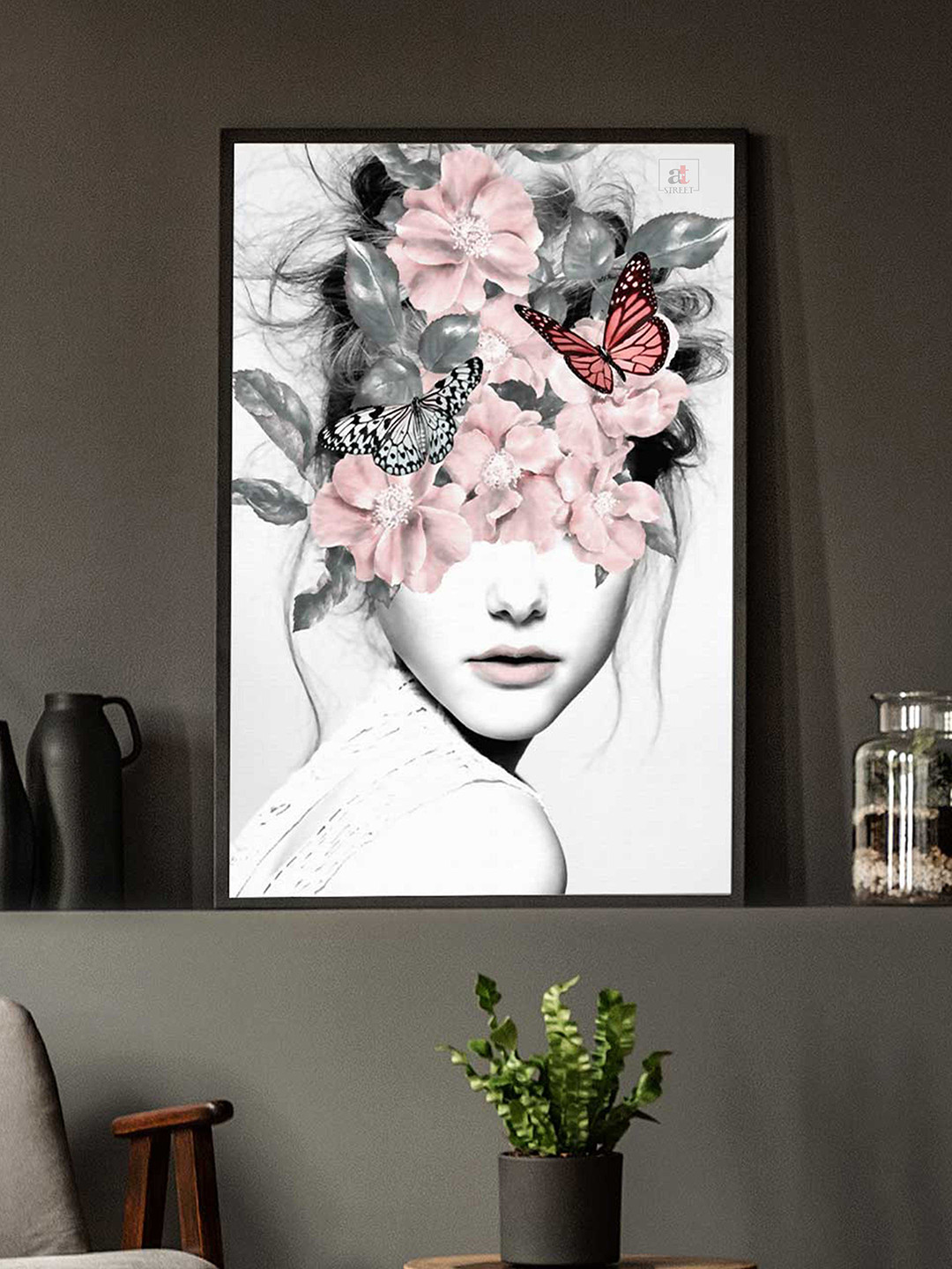 Art Street Pink & White Girl Flower Bouquet Framed Canvas Print Wall Art
