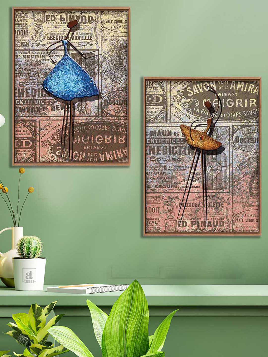 Art Street Set of 2 Brown & Blue Printed Dancing Figure Framed Canvas Painting Wall Art