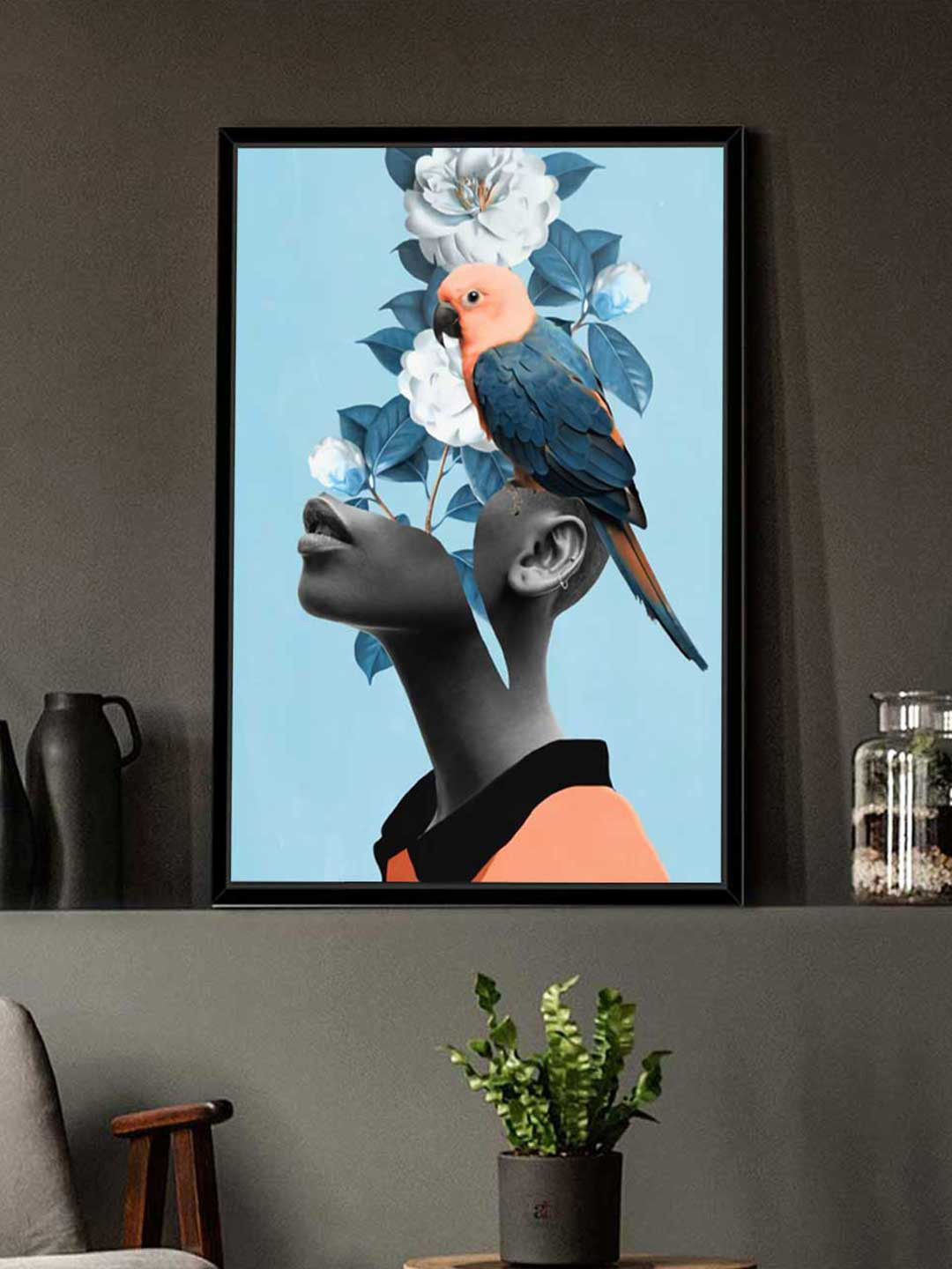 Art Street Blue & Peach Girl With Flower Bouquet Framed Canvas Wall Art