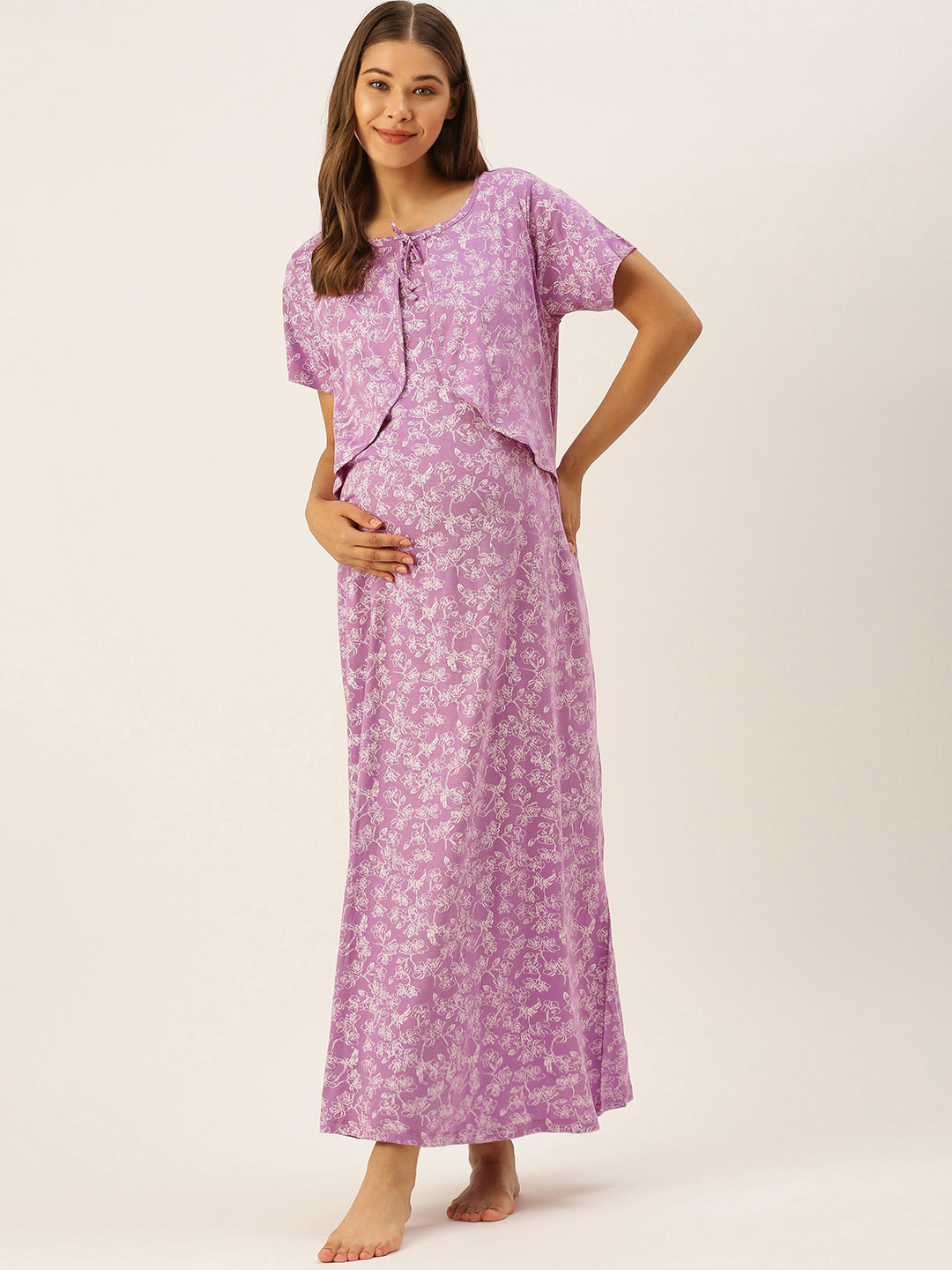 Nejo Lavender & White Floral Printed Bow Detail Layered Cotton Maxi Maternity Nightdress