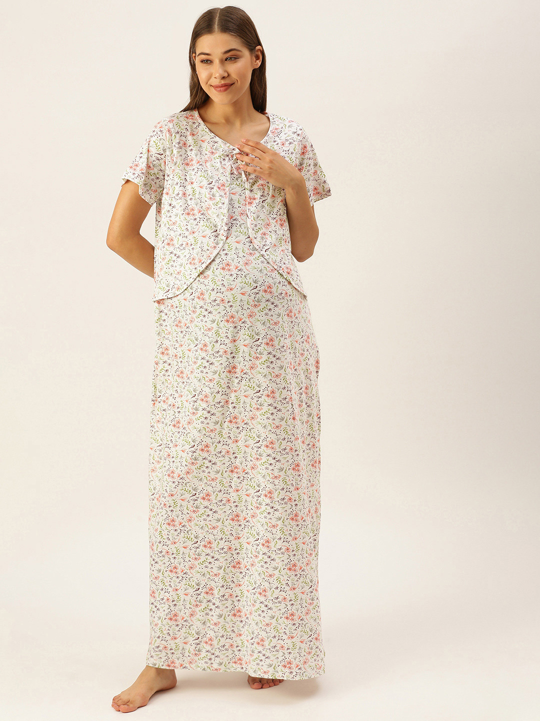 Nejo White & Green Floral Print Bow Detail Layered Cotton Maxi Maternity Nightdress