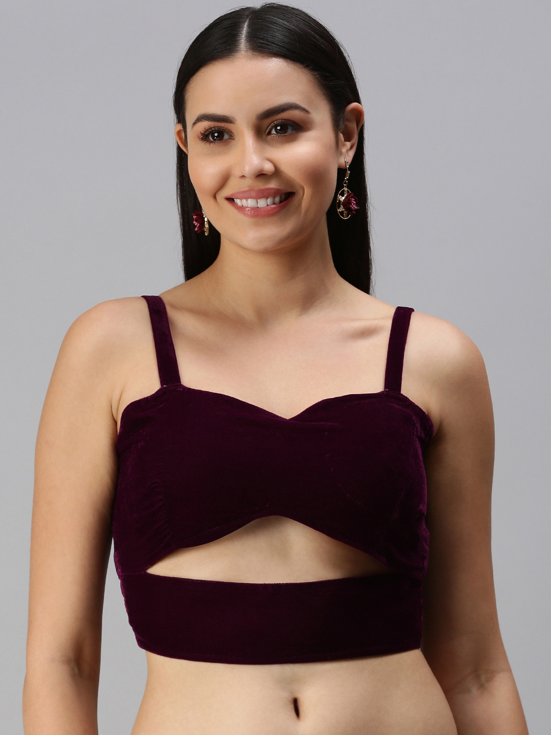 flaher Women Burgundy Velvet Readymade Padded Blouse with Cut Out Detail