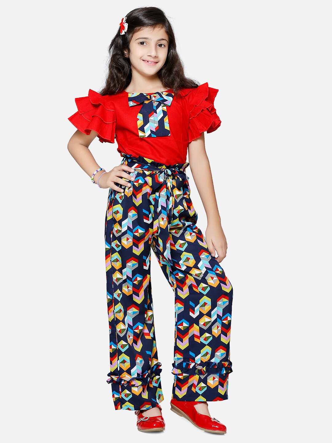 Cutiekins Girls Red & Navy Blue Top with Palazzos