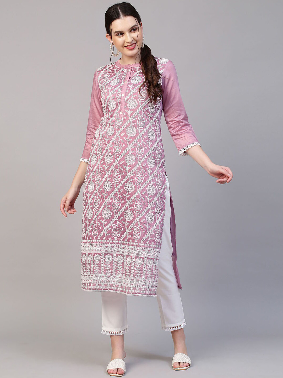FASHOR Women Purple Striped Chikankari Kurta with Trousers & With Dupatta