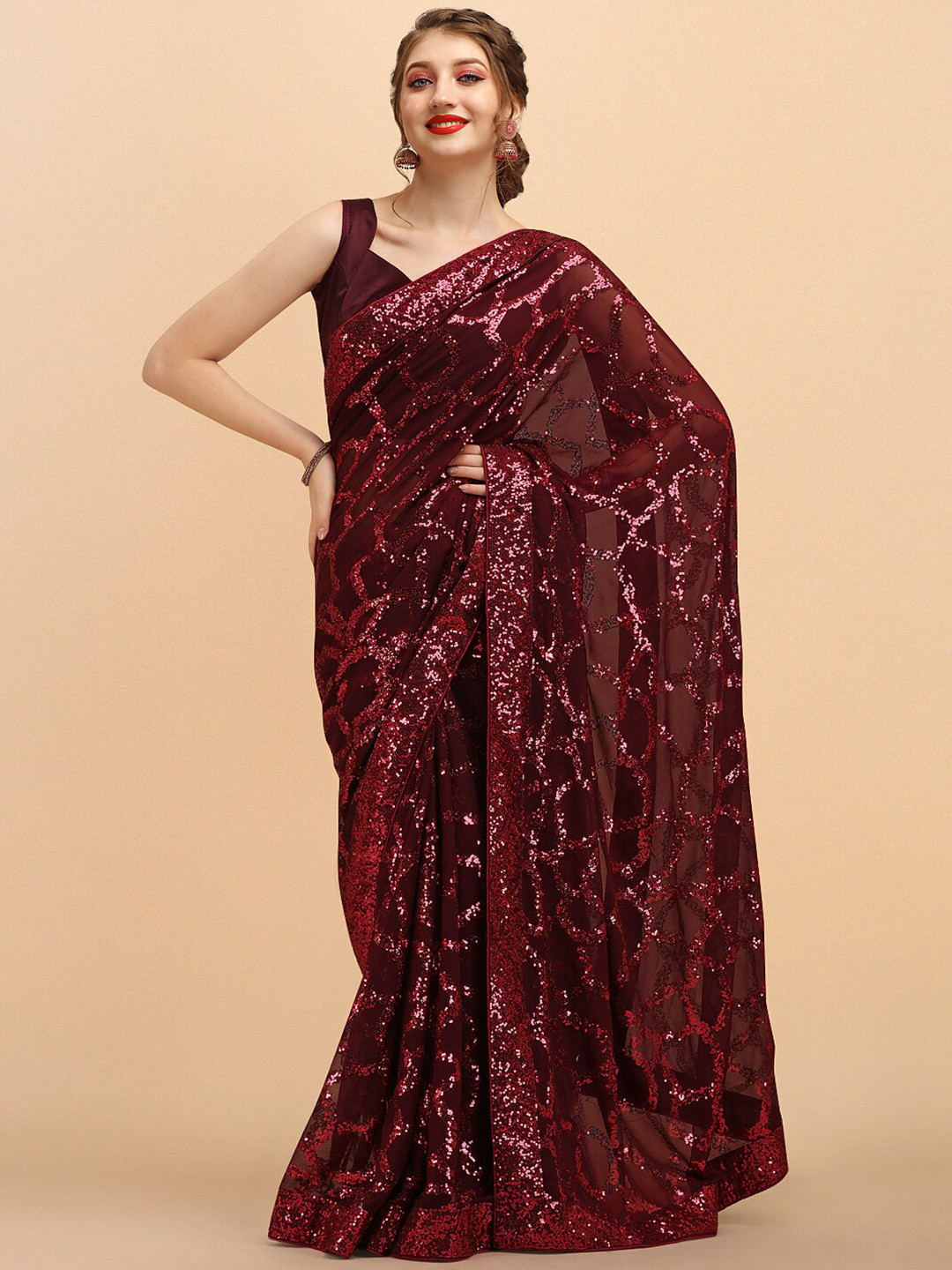 Sangria Maroon Sequinned Pure Georgette Heavy Work Saree