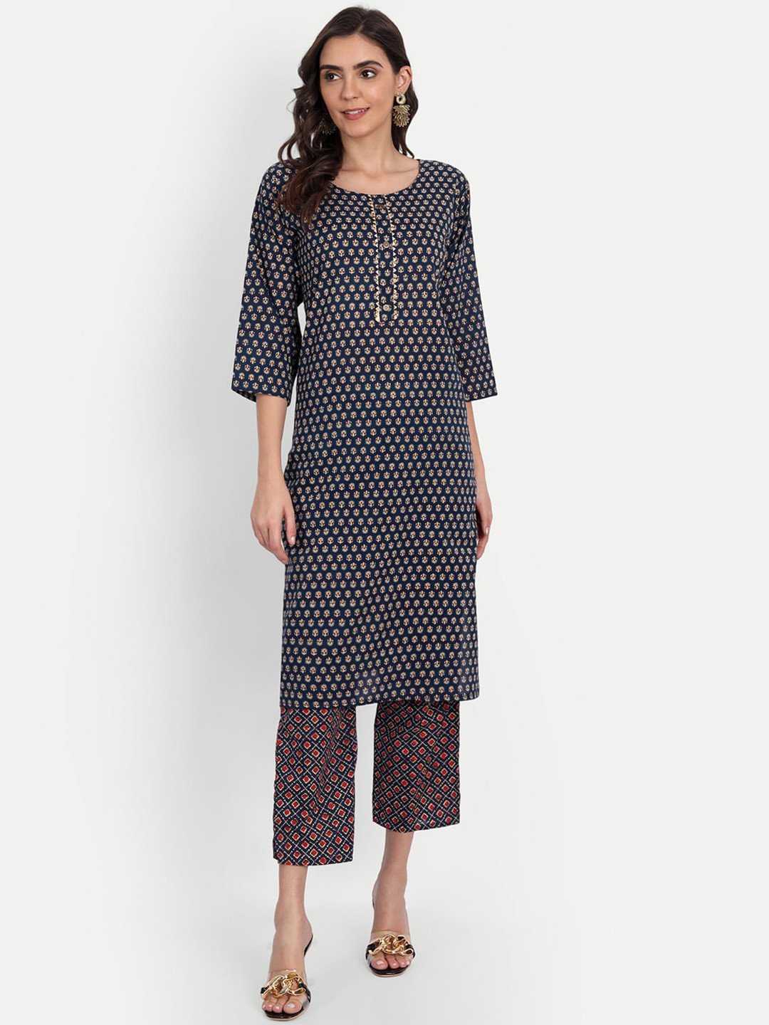 Fentacia Women Navy Blue Printed Pure Cotton Kurta with Trousers