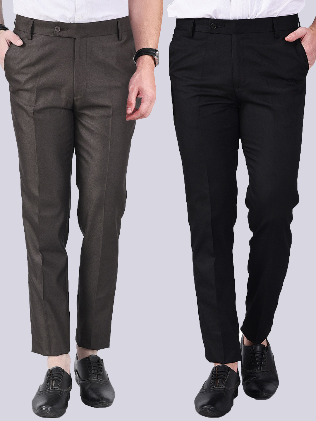AD & AV Men Coffee Brown & Black Set Of 2 Formal Trousers