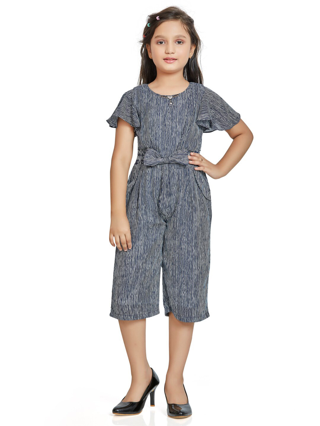 Peppermint Girls Navy Blue & White Striped Capri Jumpsuit