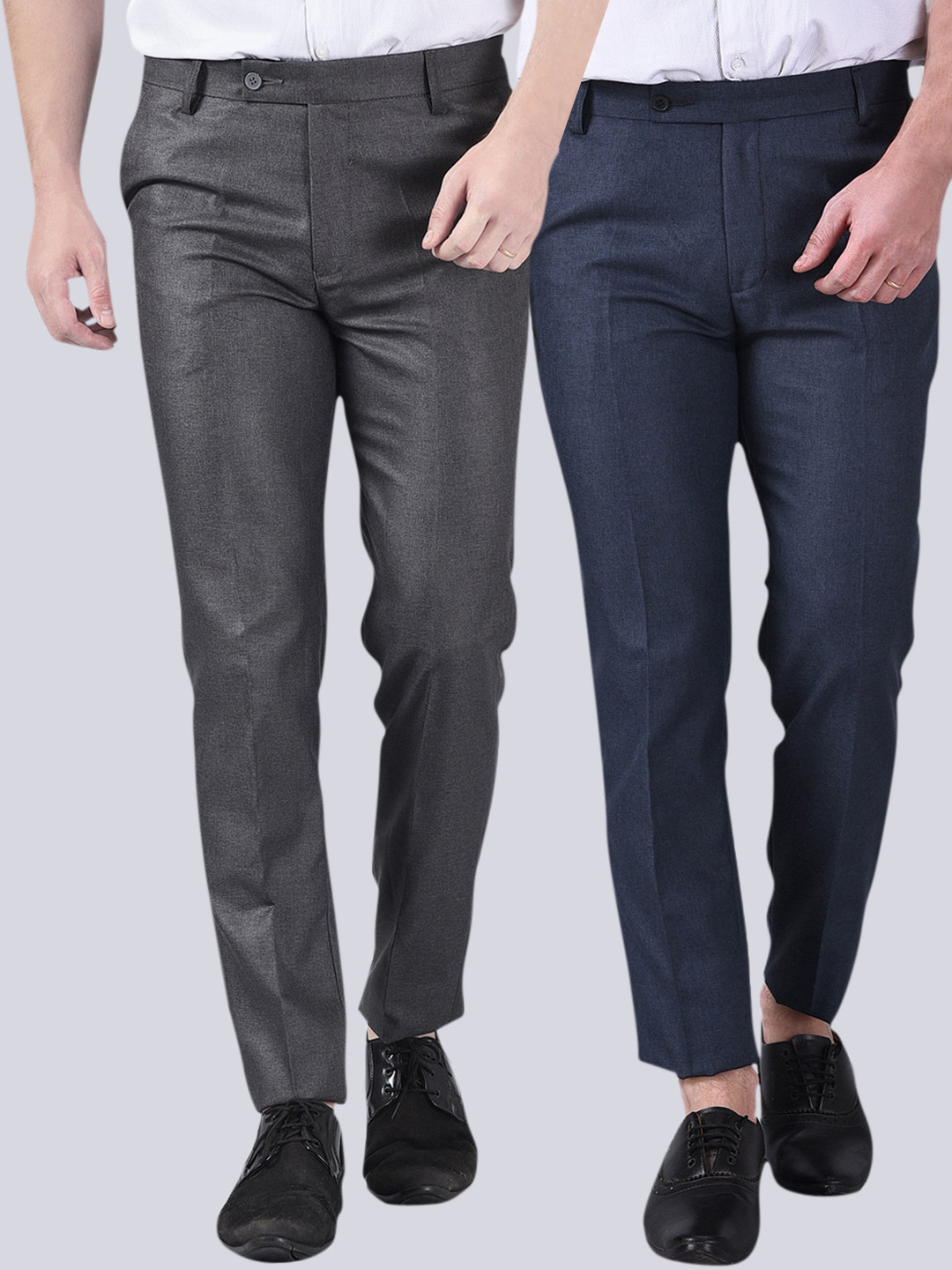 AD & AV Men Steel and Blue Pack of 2 Comfort Mid Rise Easy Wash Formal Trousers