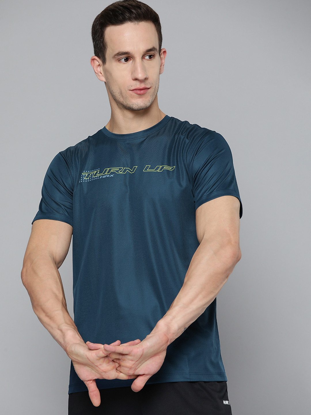 HRX By Hrithik Roshan Training Men Teal Blue Rapid-Dry Antimicrobial Brand Carrier T-shirt