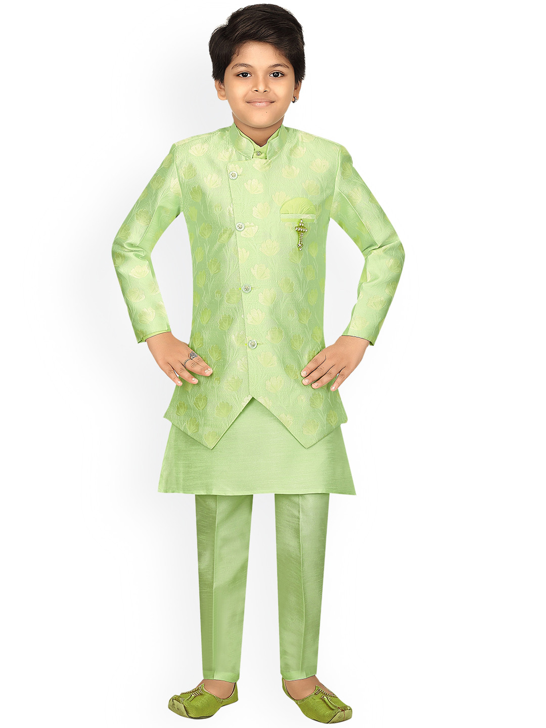 ahhaaaa Boys Fluorescent Green Self Design Silk Sherwani