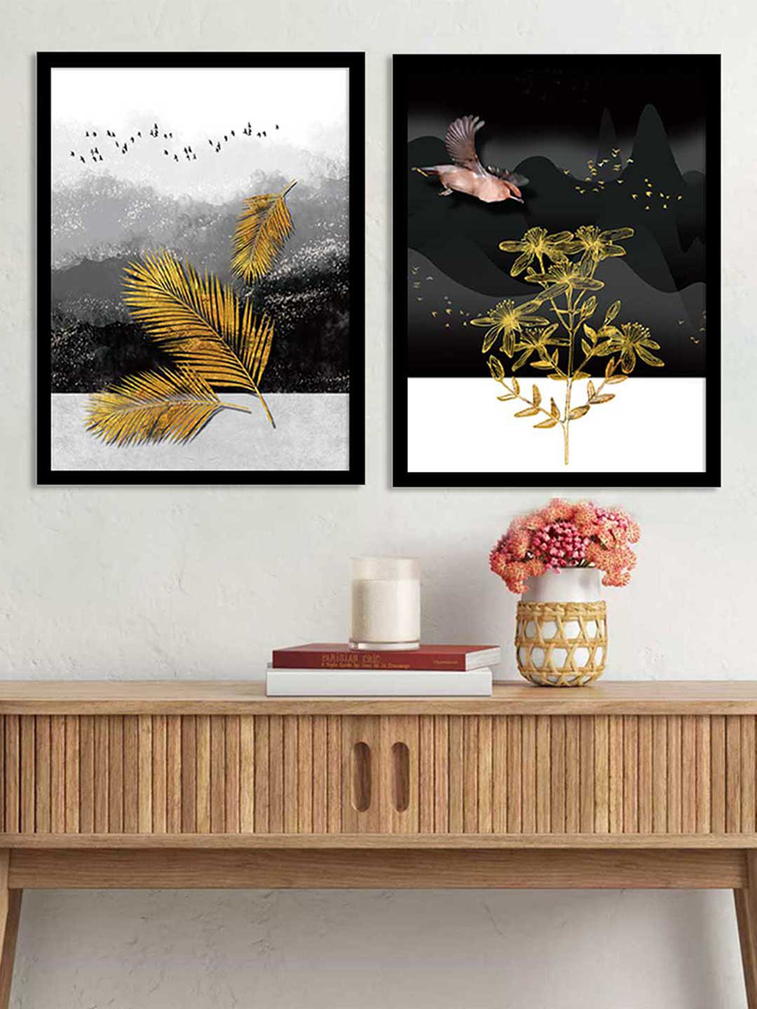 Art Street Set Of 2 Gold-Toned & Black Printed Mid Night Framed Canvas Painting Wall Art