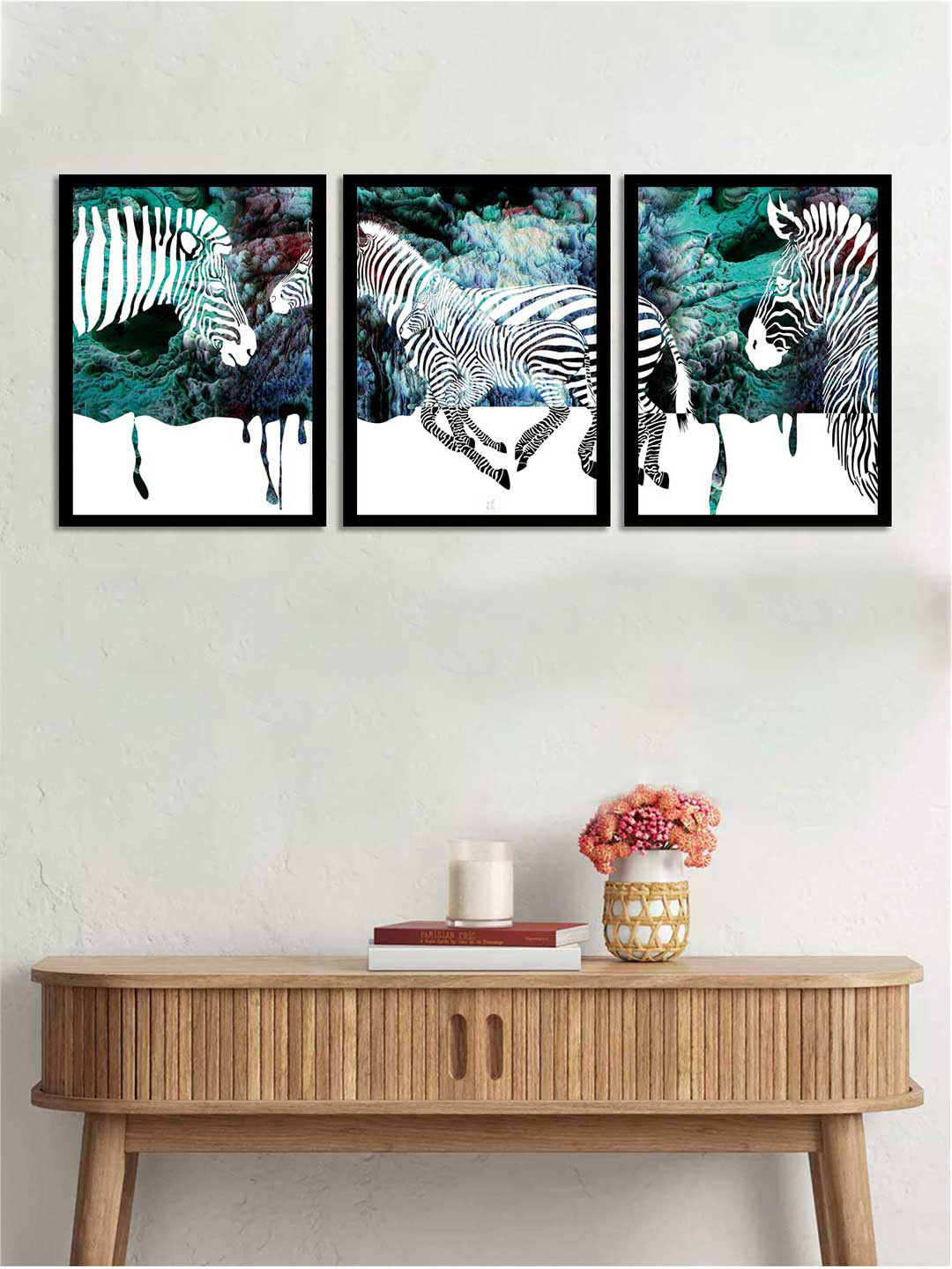 Art Street Set of 3 Blue Bell Zebra Themed Wall Art