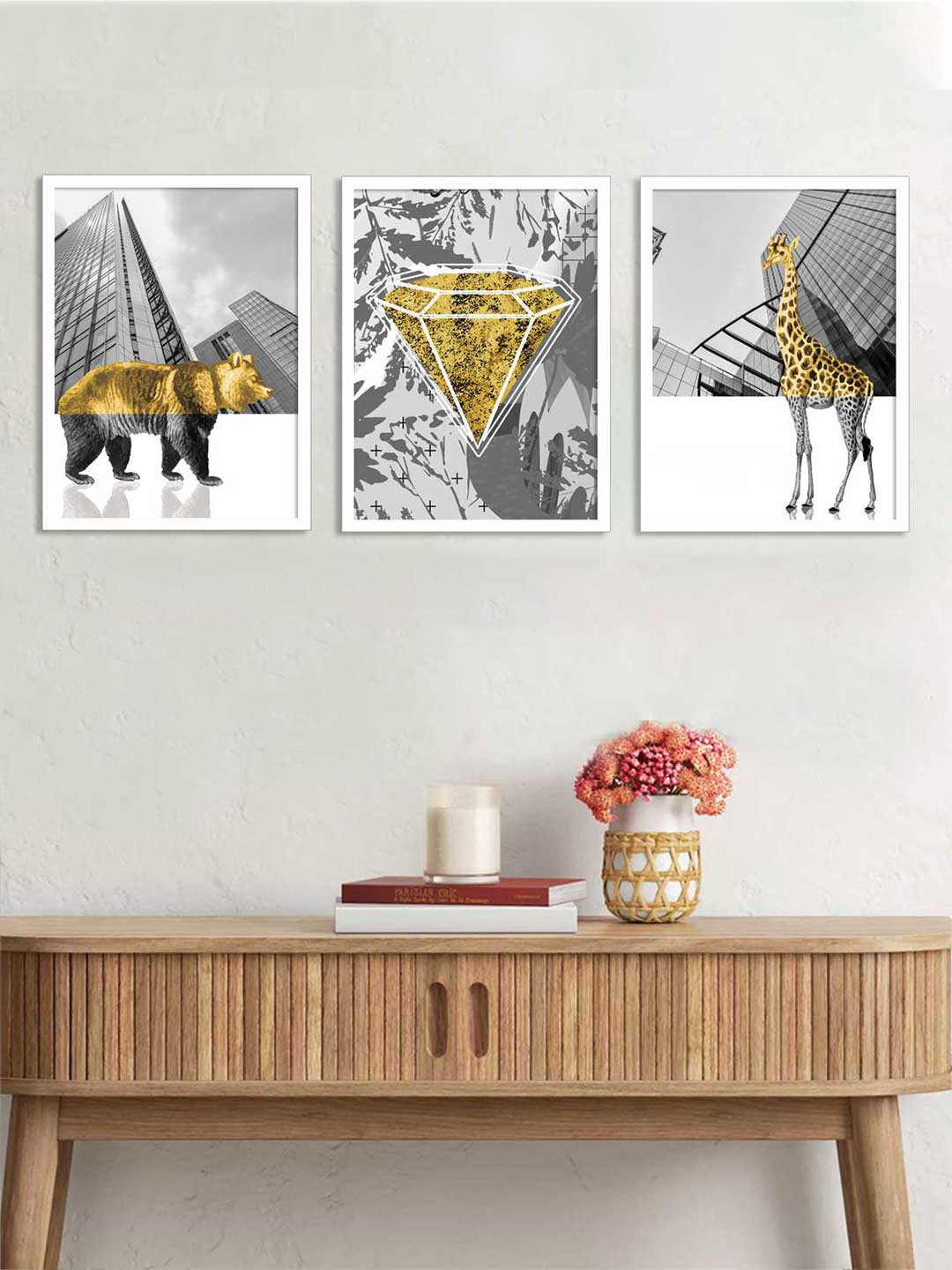 Art Street Set Of 3 Gold-Toned & White Printed Mid Night Gold Animal Theme Framed Canvas Painting Wall Art