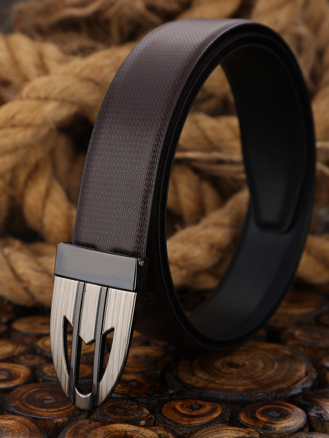 ZEVORA Men Brown & Balck Textured Reversible Belt