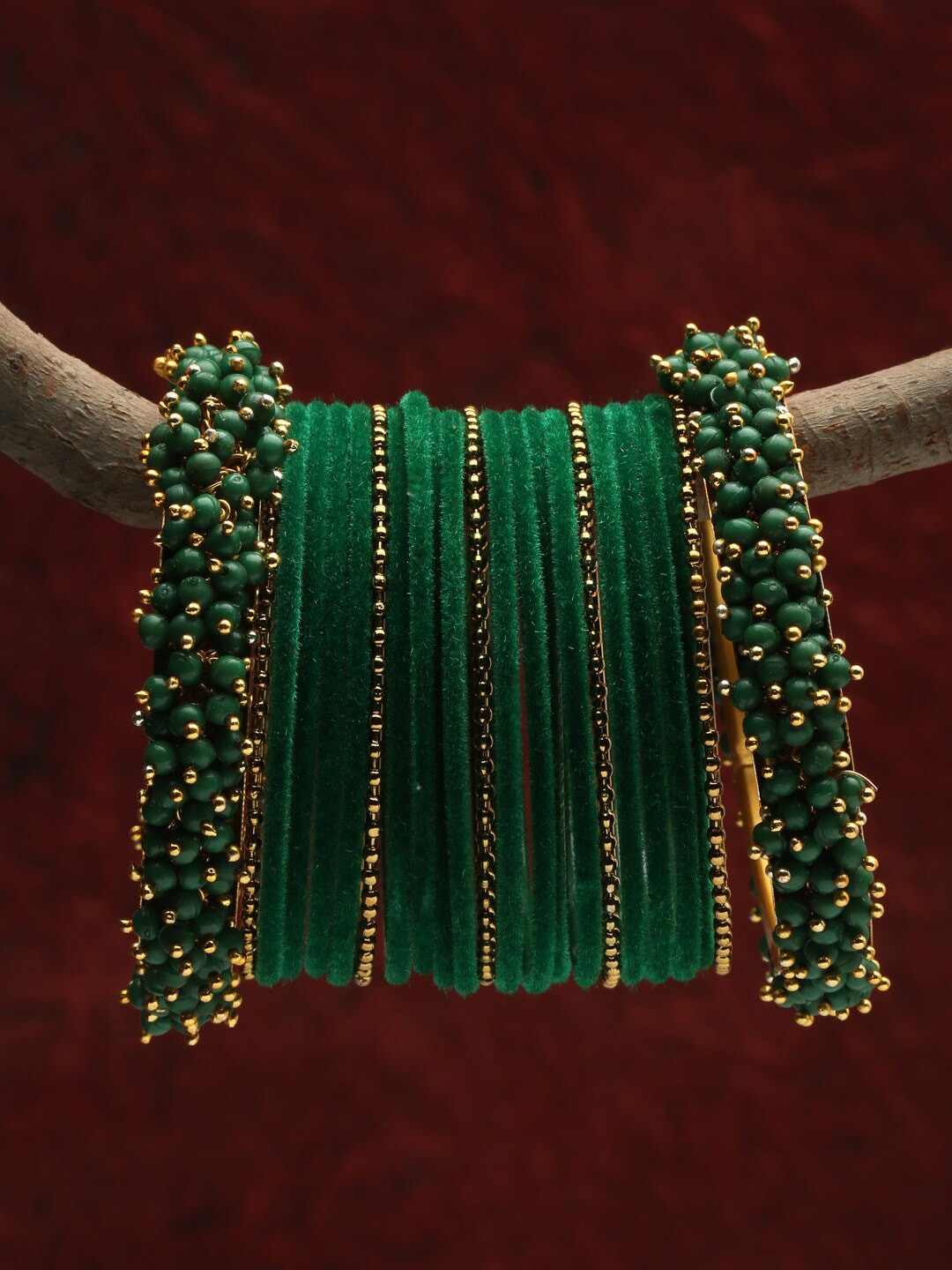 Shining Diva Set Of 23 Gold-Plated Green & Beaded Antique Bangles