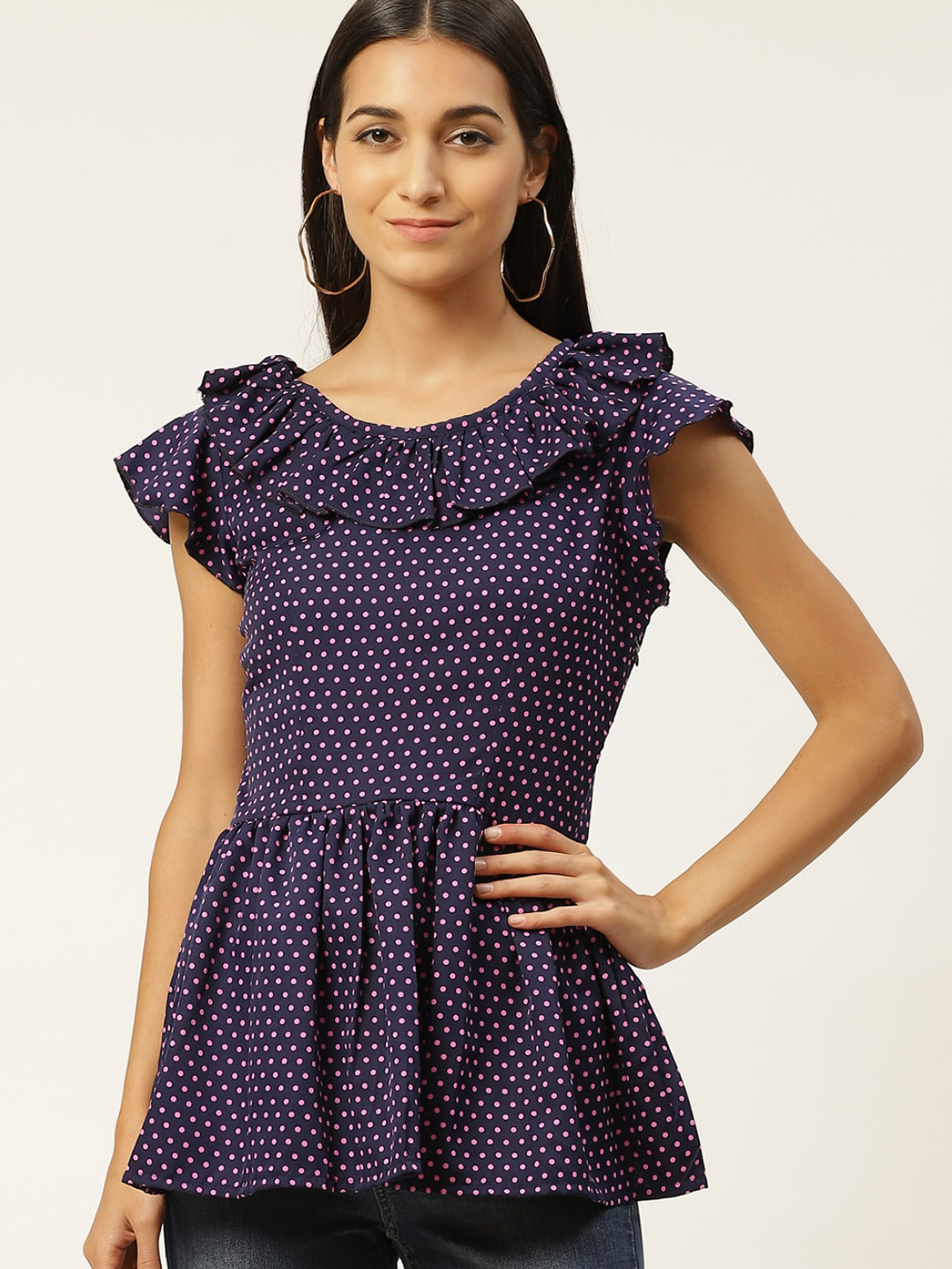IQRAAR Navy Blue Print Peplum Top