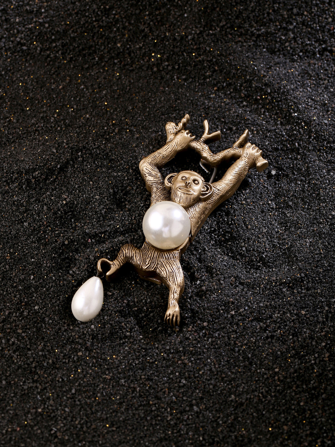 COSA NOSTRAA Men Gold-Toned & White Pearl-Beaded Monkey-Charm Brooch