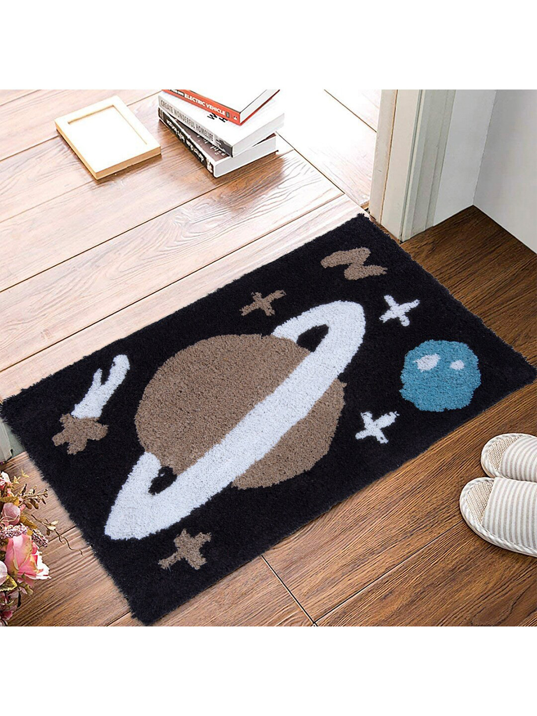 AAZEEM Blue & Black Self-Design Anti-Skid Doormats