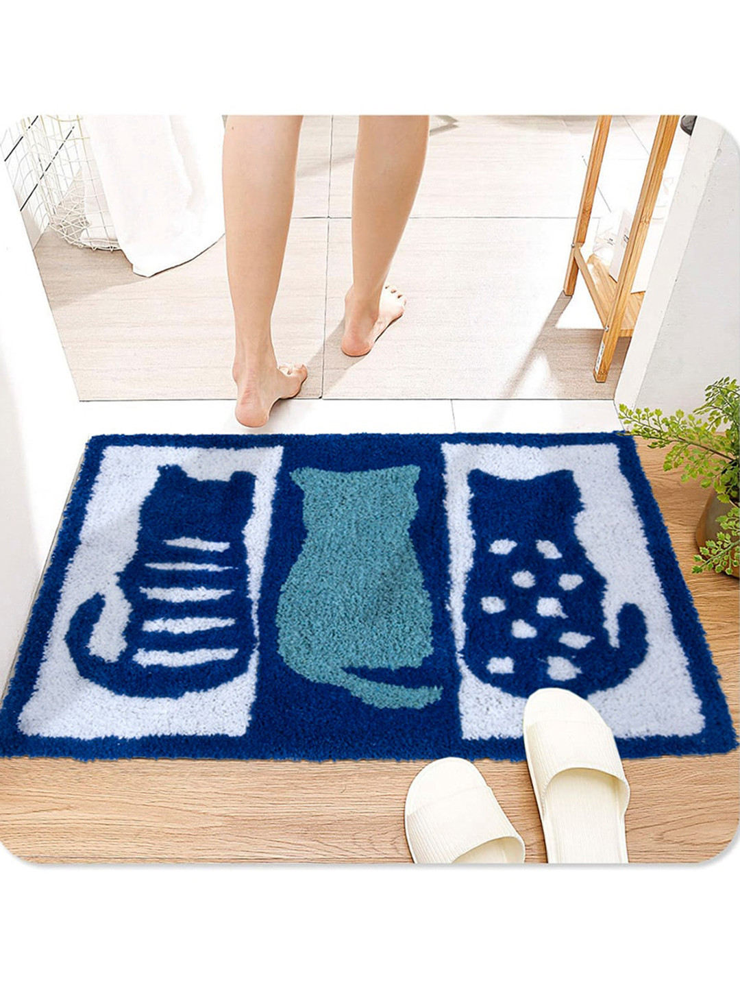 AAZEEM Blue Cat Printed Anti-Skid Cotton Doormats