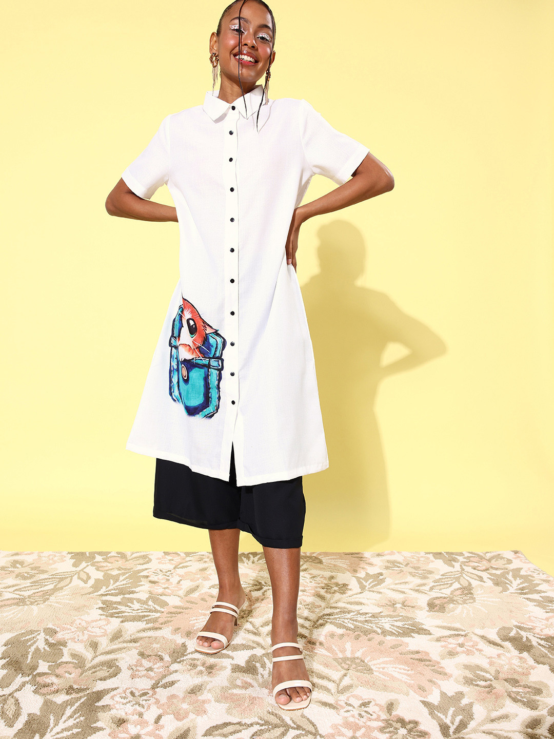 StyleStone Women Classic White Printed Shirt With Solid Palazzos