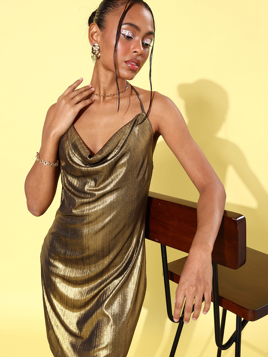 StyleStone Women Gold Solid New Neckline Dress