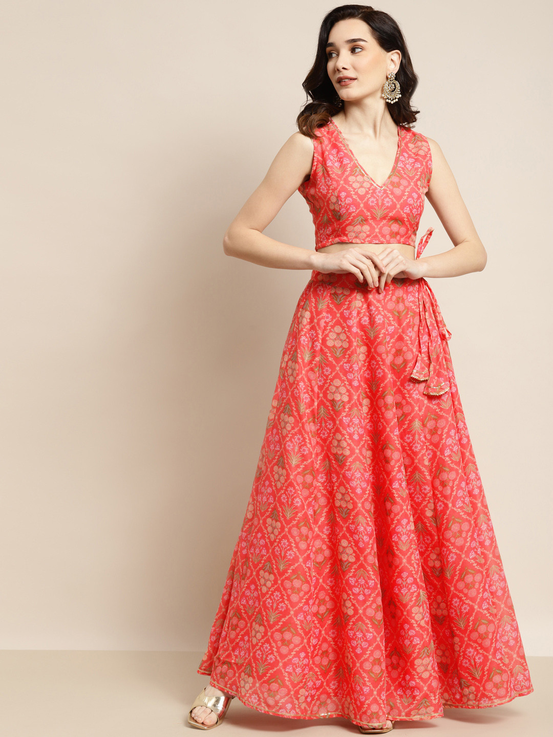 Shae by SASSAFRAS Peach-Coloured & Olive Green Printed Fusion Lehenga Choli