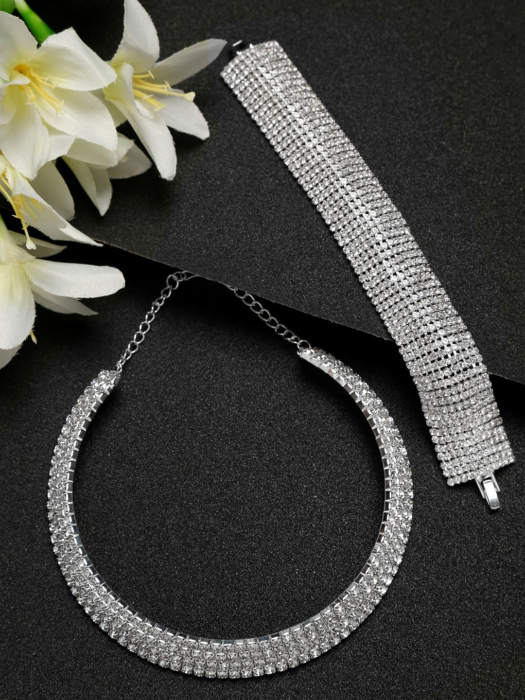 YouBella Silver-Plated White Crystal Studded Jewellery Set