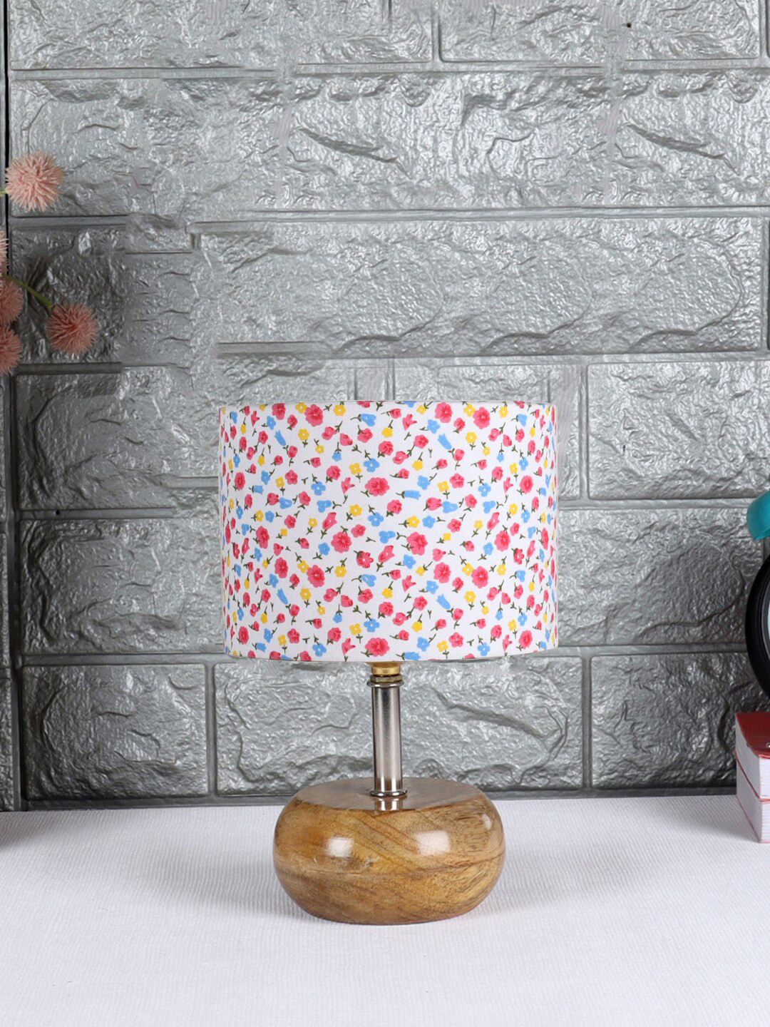 Devansh White & Red Wooden Table Lamp with Cotton Shade