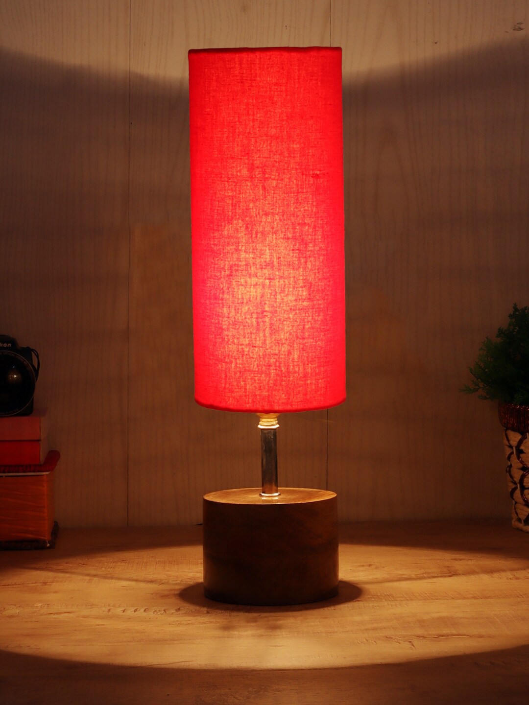 Devansh Red Wooden Cylindrical Contemporary Table Lamp