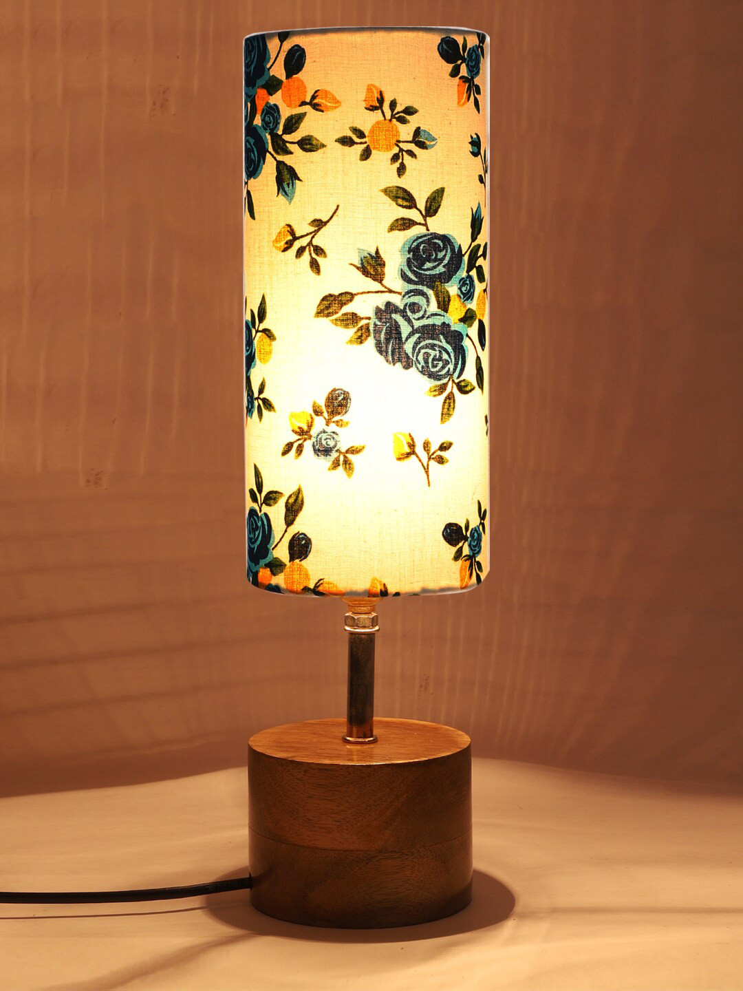 Devansh Multi-Coloured Wood Table Lamp with Cotton Shade