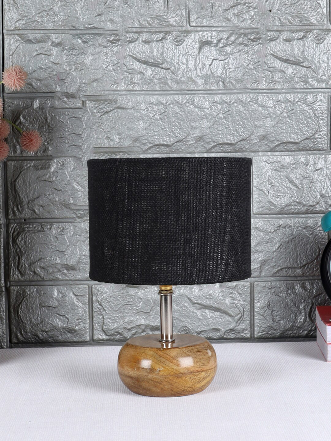 Devansh Black Wood Table Lamp with Jute Shade