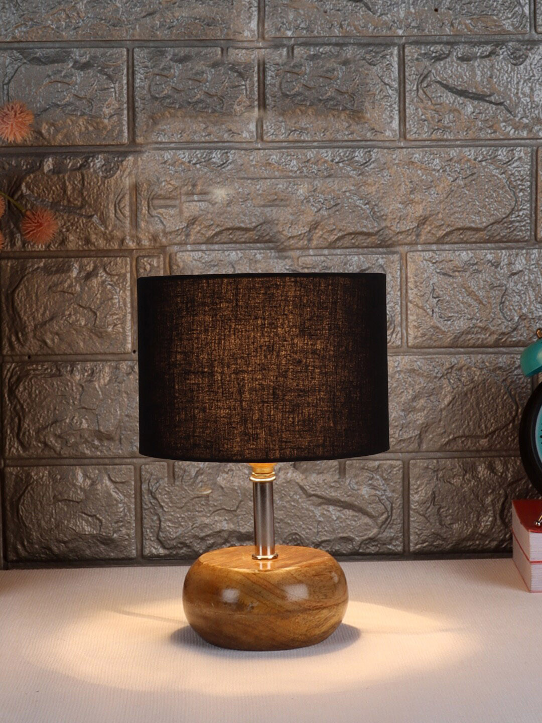 Devansh Black Wooden Cylindrical Contemporary Table Lamp