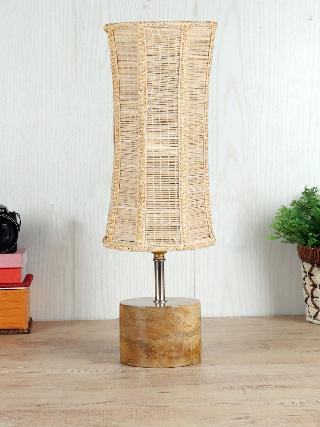 Devansh Beige & Brown Damru Table Lamp with Bamboo Shade