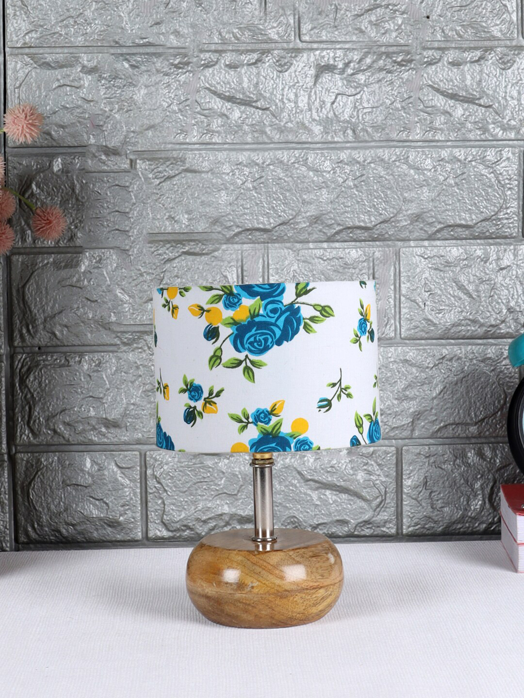 Devansh White & Blue Floral Print Cotton Cylindrical Shade Table Lamp