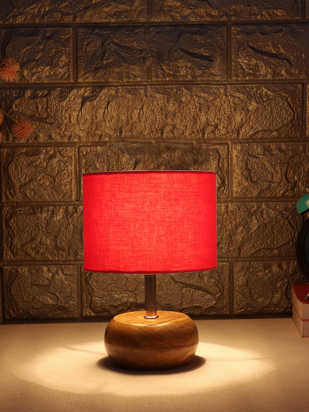 Devansh Red Wood Table Lamp with Shade
