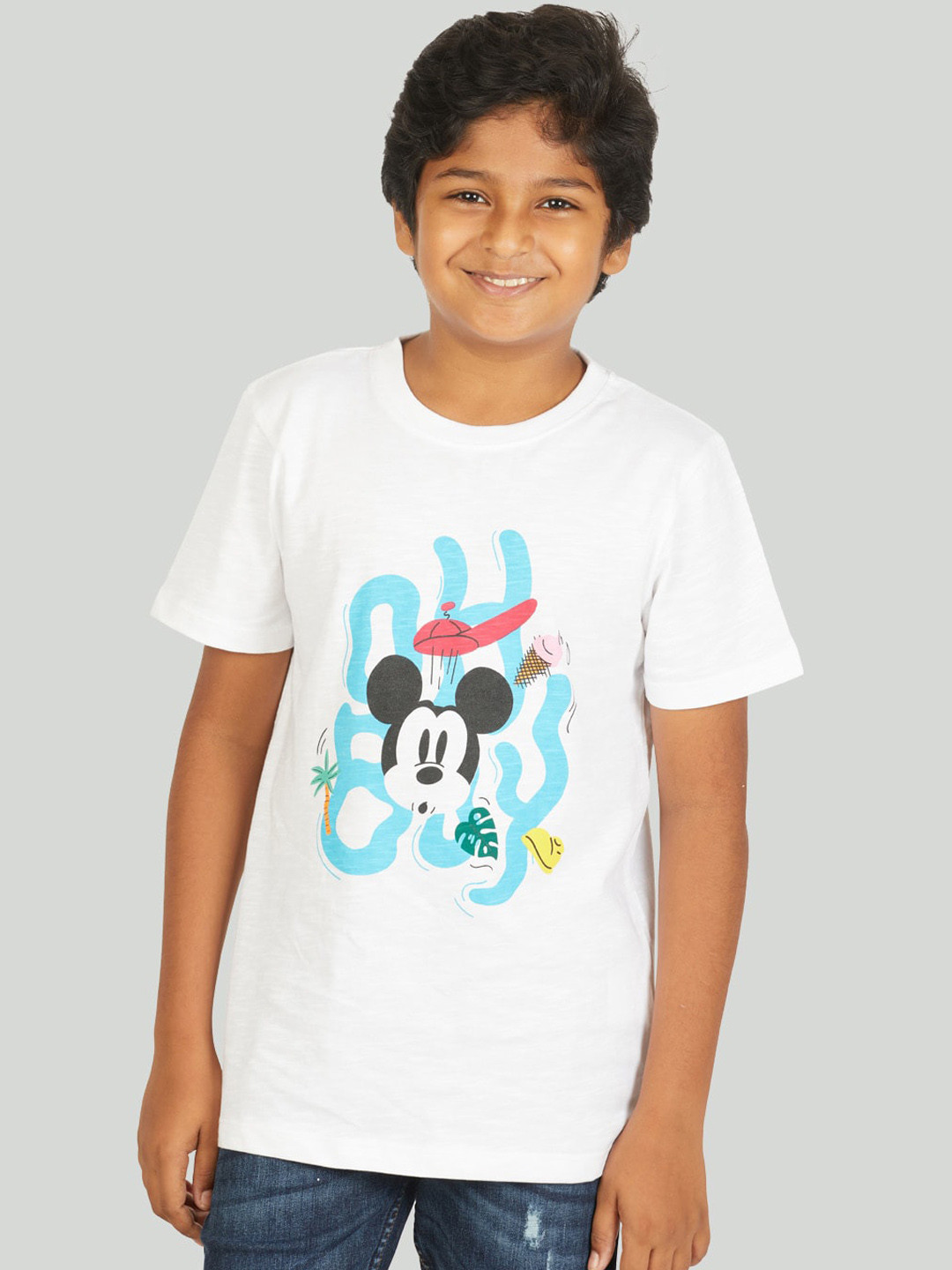 Zalio Boys White Mickey Mouse Printed T-shirt