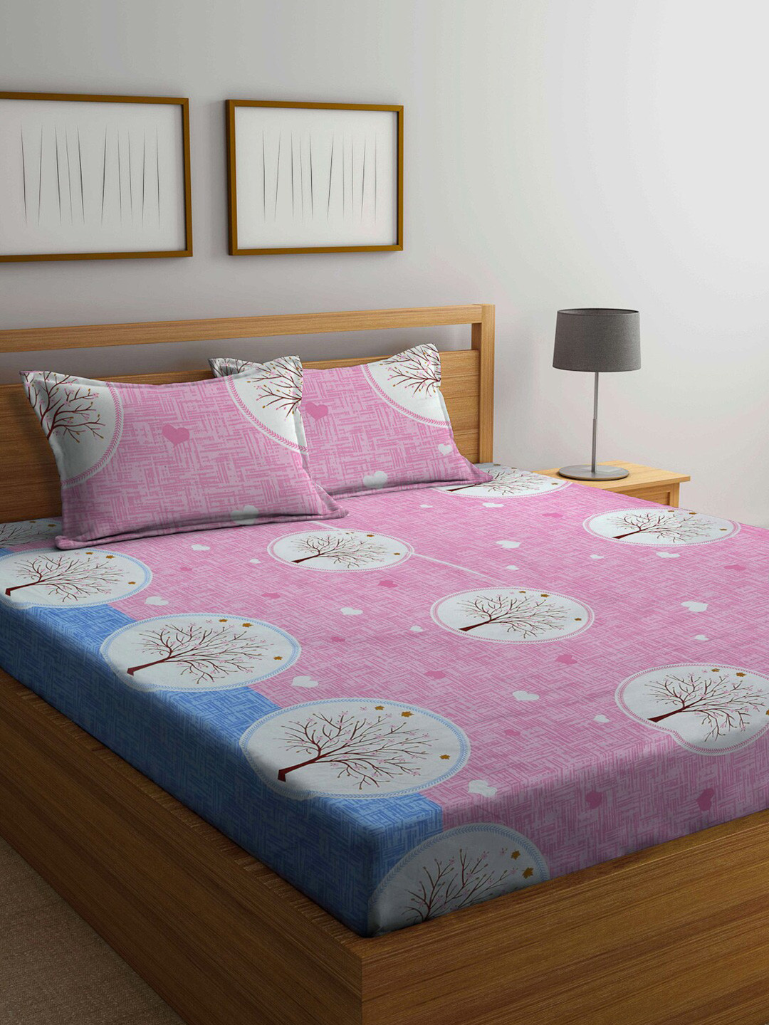Arrabi Pink Graphic Cotton 300 TC King Fine Bedsheet with 2 Pillow Covers-98 x 85 inches