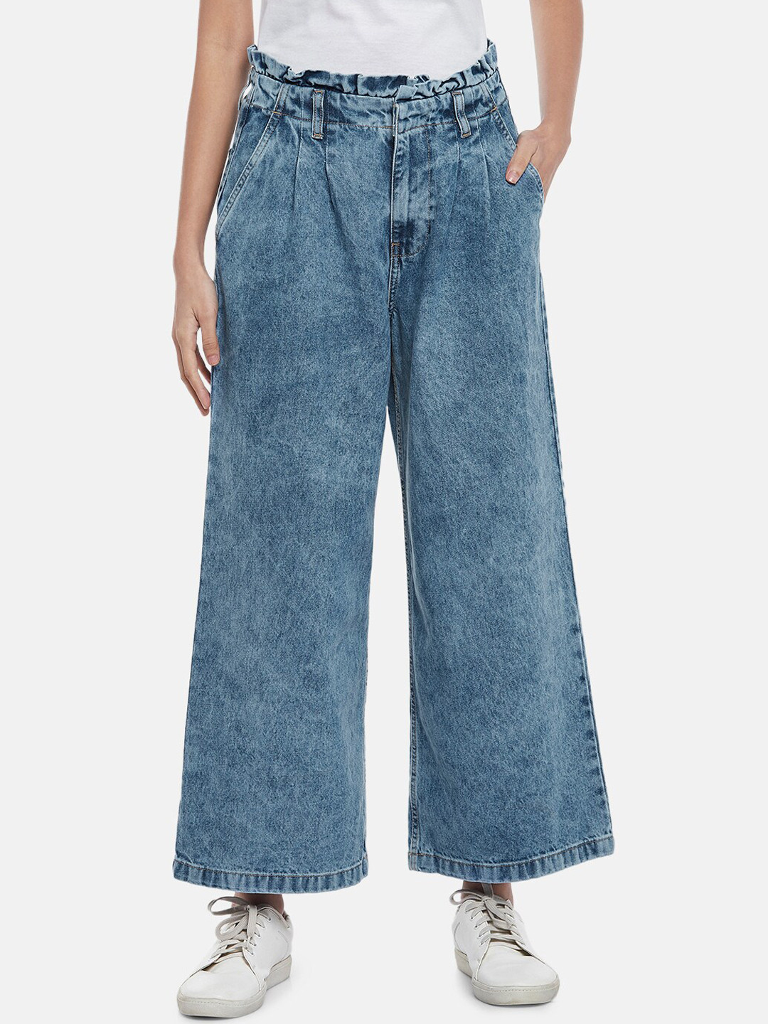 People Women Blue Flared High-Rise Heavy Fade Crop Cotton Jeans