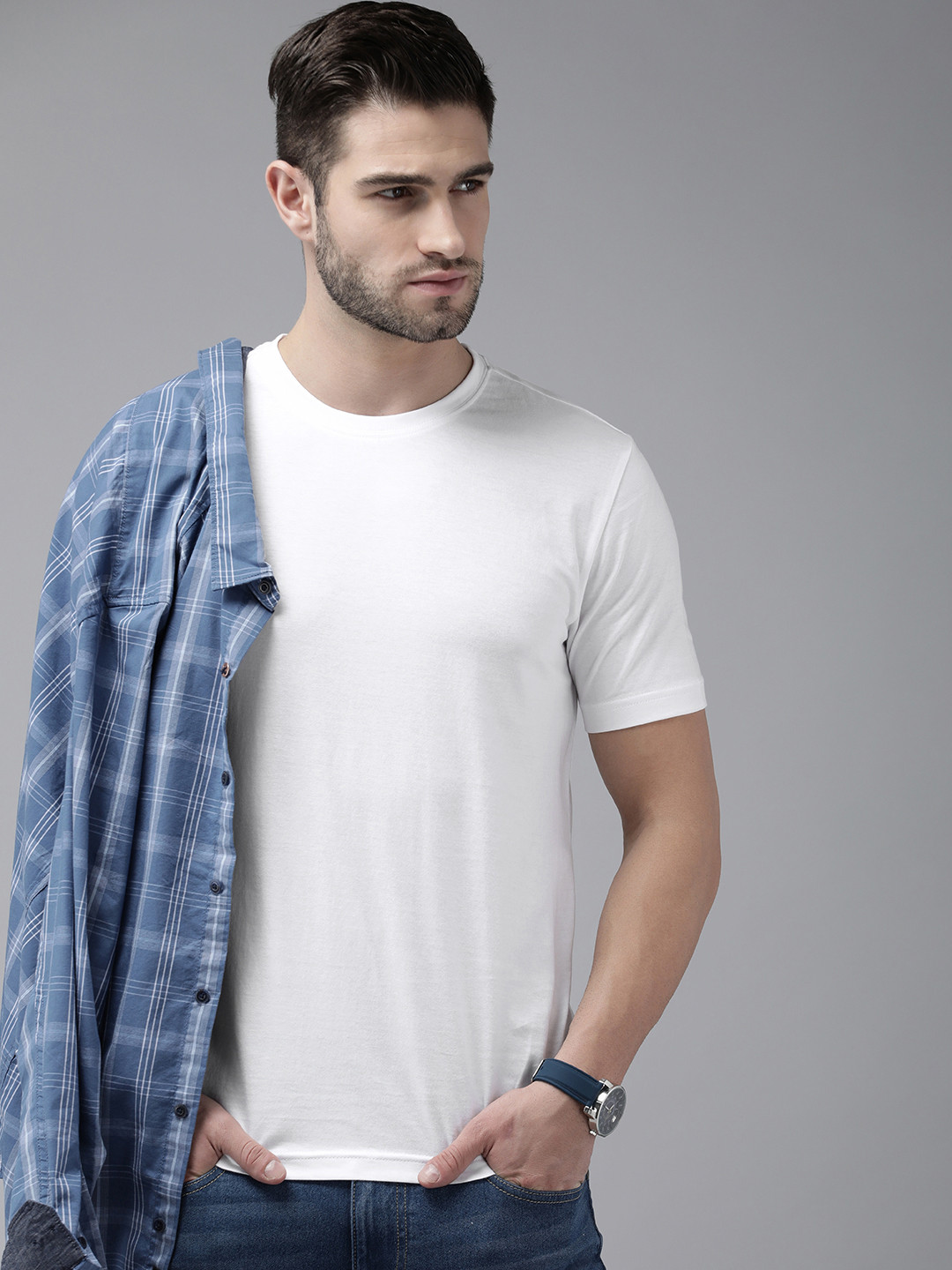 Roadster Men White Solid Pure Cotton T-shirt