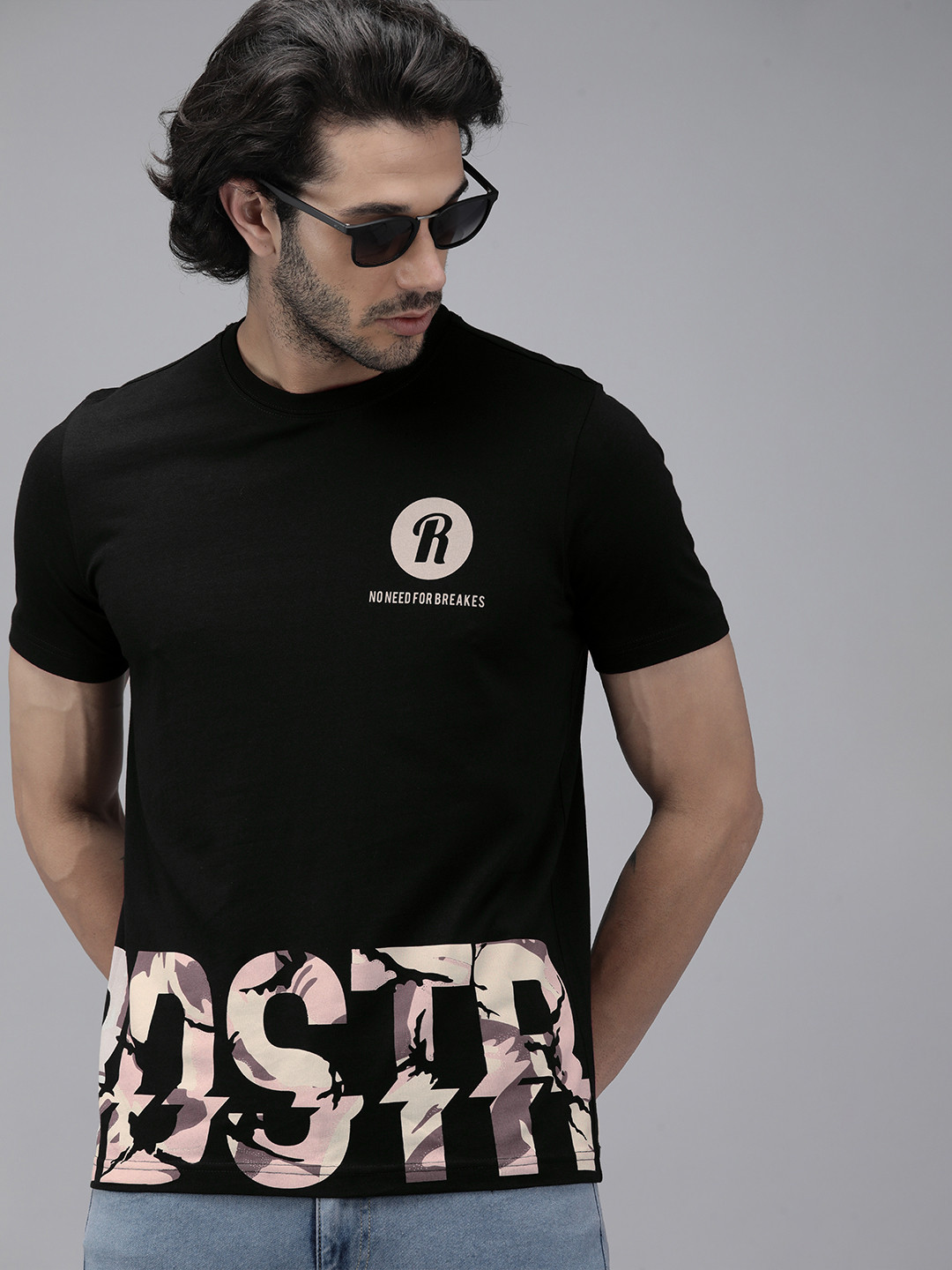 Roadster Men Black & Pink Brand Logo Printed T-shirt