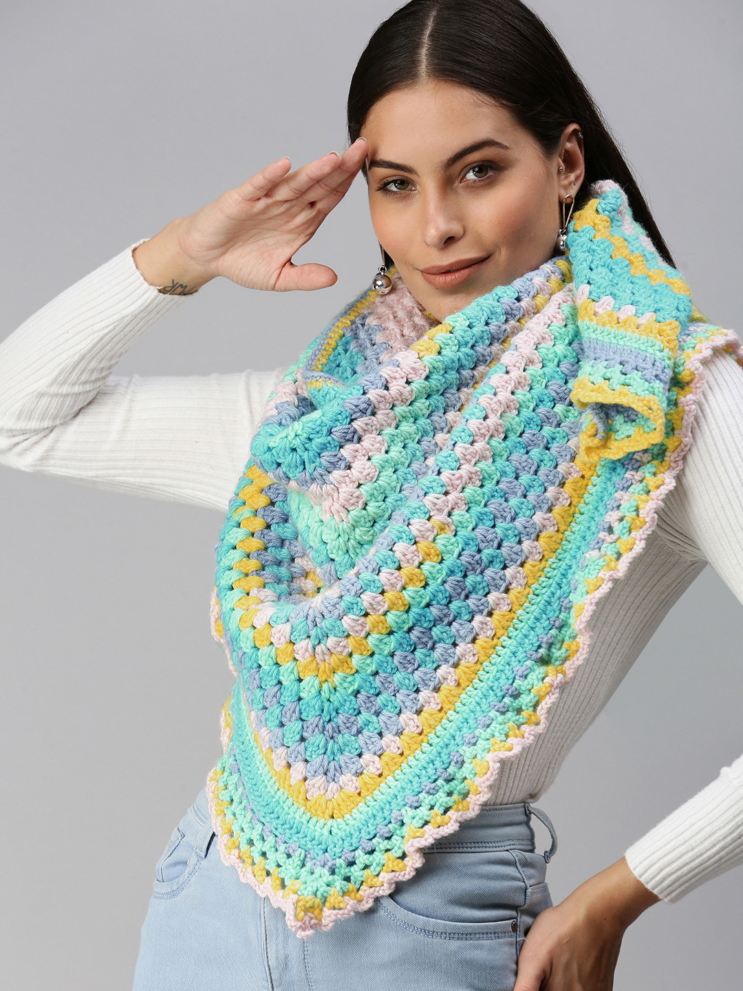 Magic Needles Women Blue & Mustard Yellow Striped Shawl