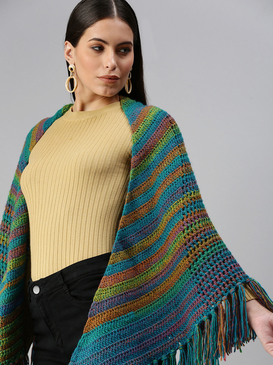 Magic Needles Women Green Striped Longline Handmade Poncho